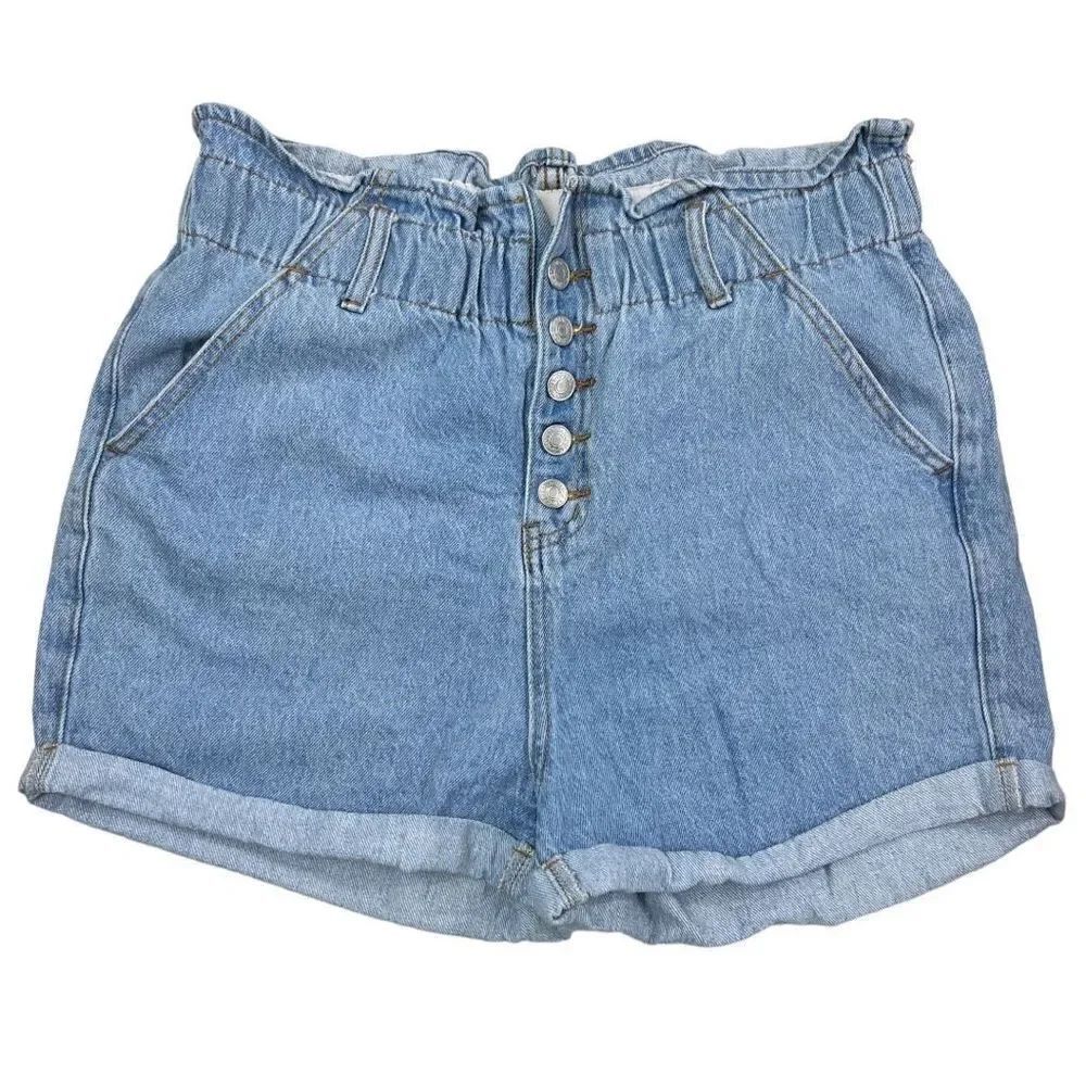 SONG Shorts Women's Large Button Fly Elastic Waist Blue Denim MOM Jean Shorts